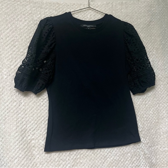 French Connection Blouse Crochet Lace Black Puff Sleeve Top Cotton Spandex NWT - Picture 2 of 7